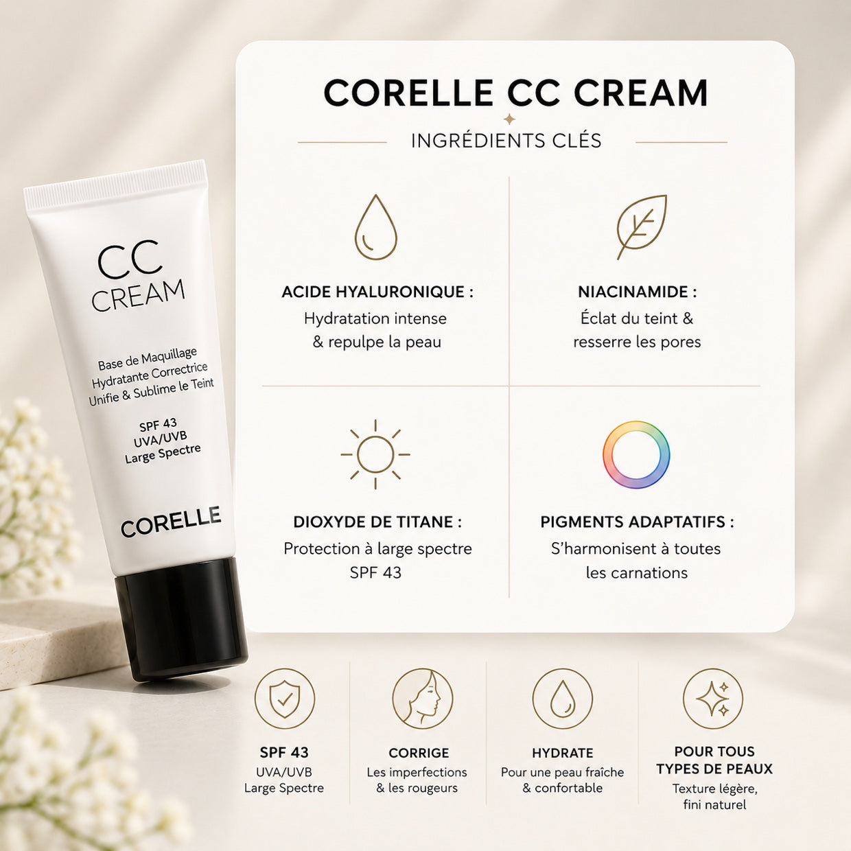 Ingrédients clés de la CORELLE CC Cream : acide hyaluronique, niacinamide, dioxyde de titane, pigments adaptatifs