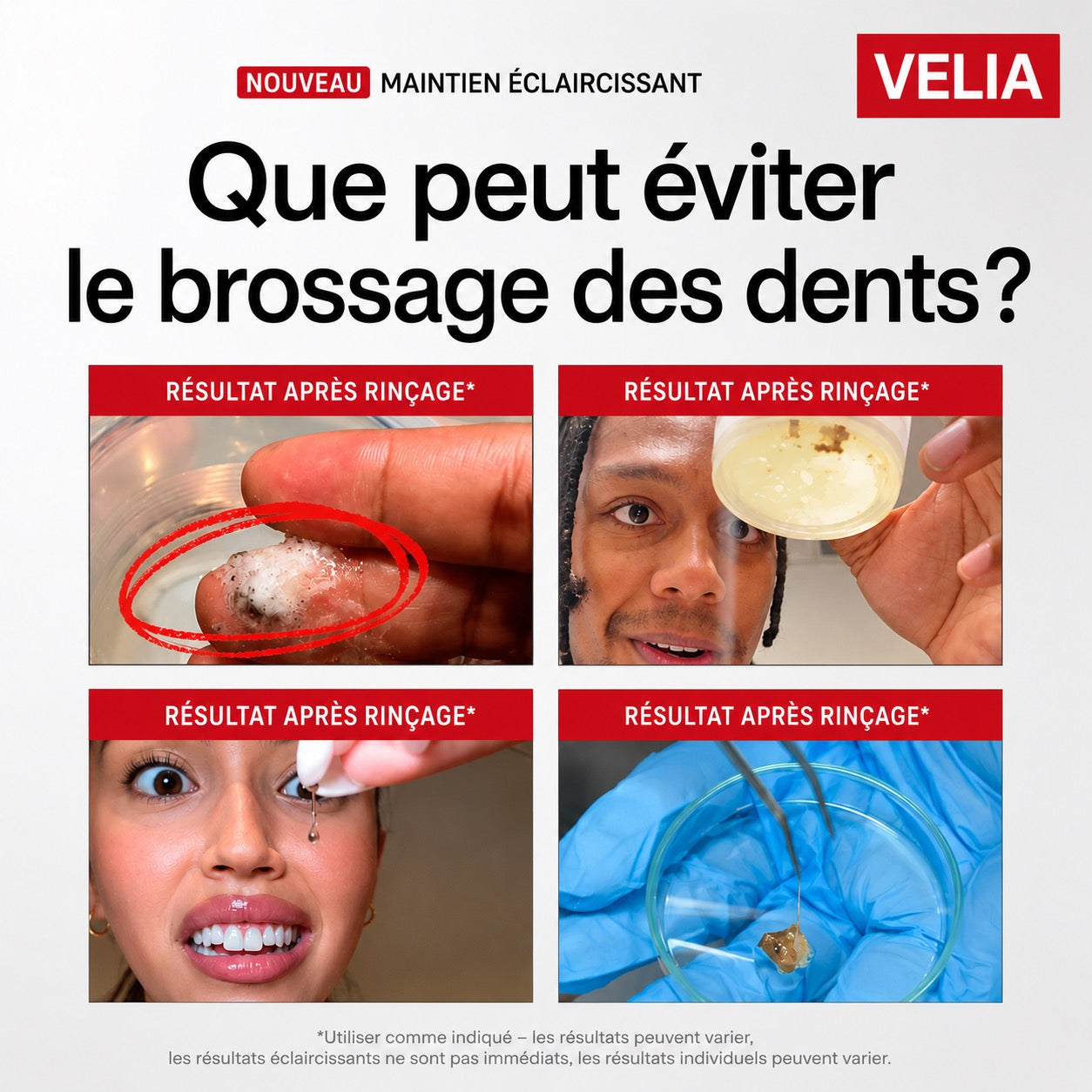 Ce que la brosse à dents oublie — plaque visible après le rinçage avec Velia