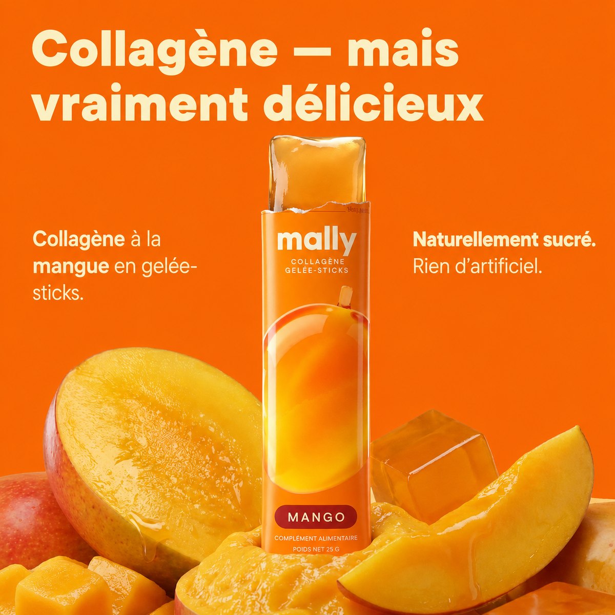 Sticks de gelée de collagène Mally avec de la mangue fraîche