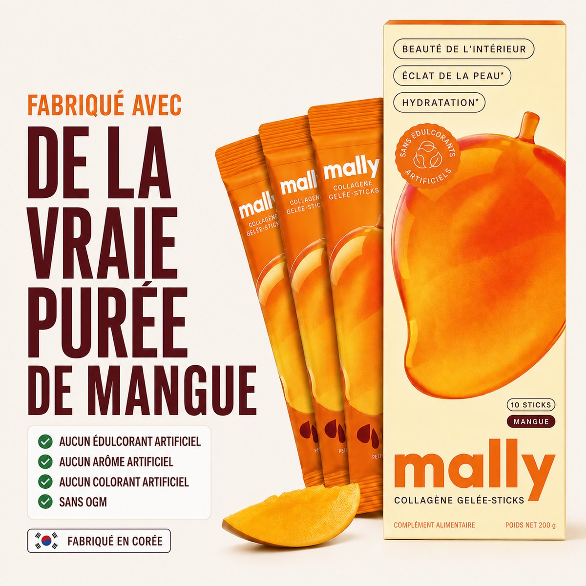 Sticks de gelée de collagène Mally à la vraie purée de mangue