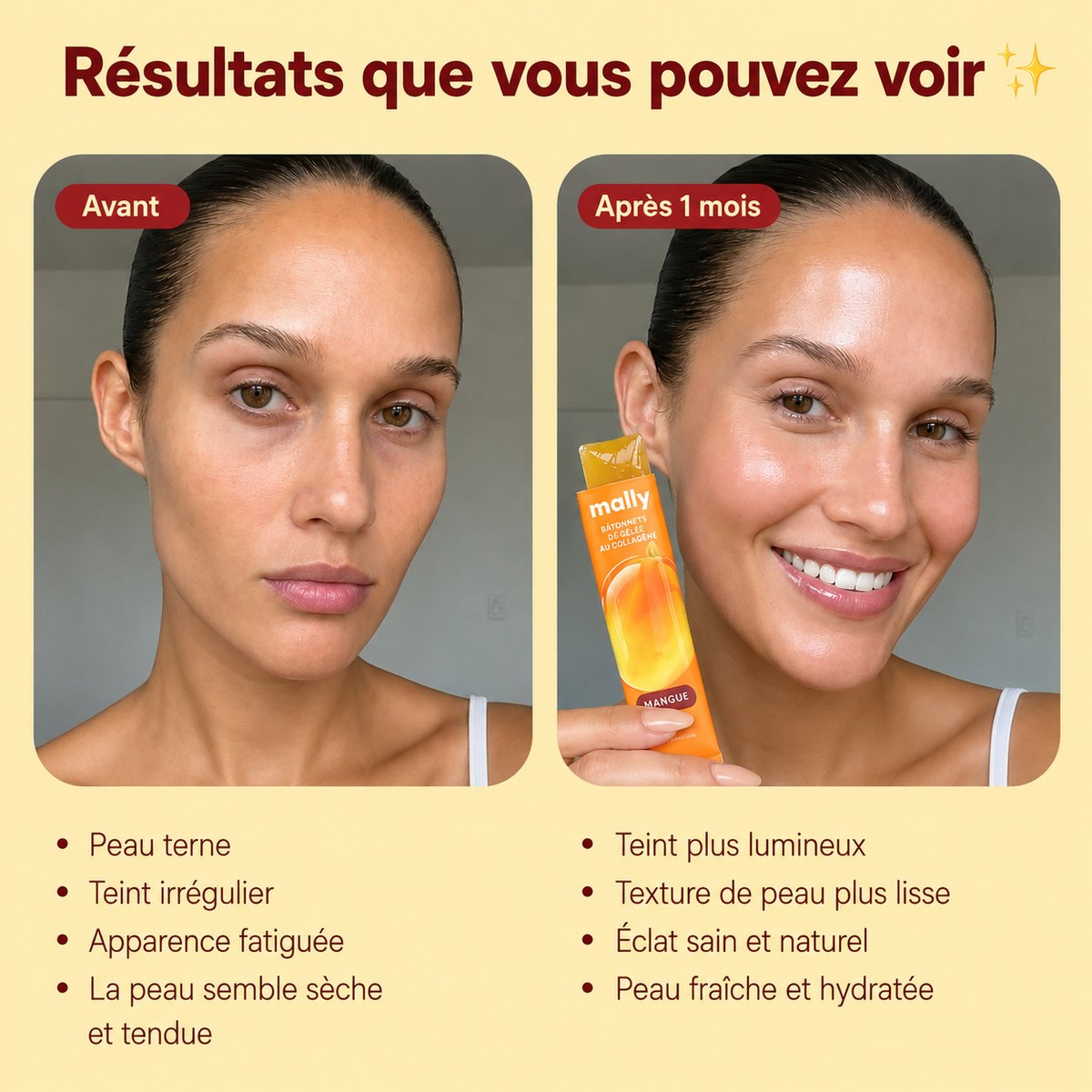 Une femme dégustant un stick de gelée de collagène Mally